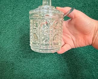 Vintage Federal Glass Windsor Pattern Jam/Sugar Jar with Lid and Spoon
