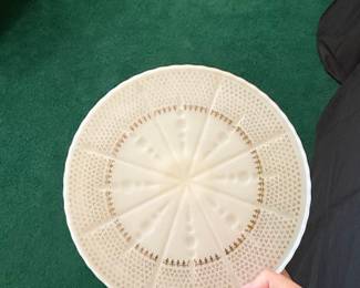 Vintage Anchor Hocking Fire-King Milk Glass Cake Stand with Gold Fleur-de-Lis Pattern