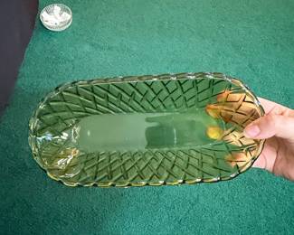 Vintage Indiana Glass Avocado Green Pretzel Pattern Celery Dish