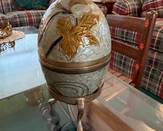 Vintage Brass and Enamel Leaf Motif Egg Trinket Box