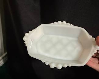 Vintage Anchor Hocking Milk Glass Beaded Hexagon Dish