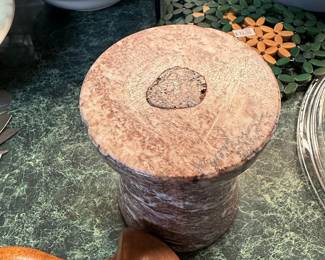 Vintage Brown Marble and Wood Mortar and Pestle