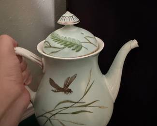 Antique Hand-Painted Porcelain Teapot with Dragonfly Motif