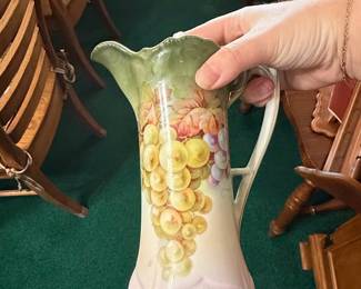 Antique Hand-Painted Porcelain Tankard Pitcher with Grape Motif
