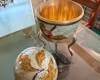 Vintage Brass and Enamel Leaf Motif Egg Trinket Box