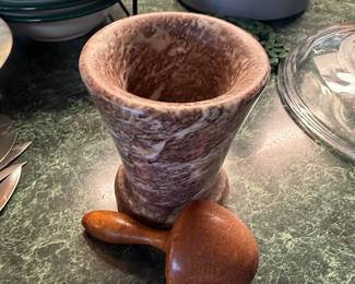 Vintage Brown Marble and Wood Mortar and Pestle