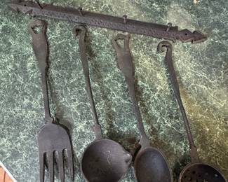Vintage Cast Iron Kitchen Utensil Set with Wall Rack