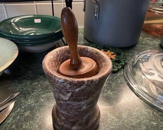 Vintage Brown Marble and Wood Mortar and Pestle