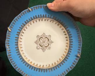 Vintage Porcelain Decorative Plate with Blue and Gold Trim