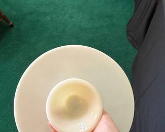 Vintage Anchor Hocking Fire-King Milk Glass Cake Stand with Gold Fleur-de-Lis Pattern