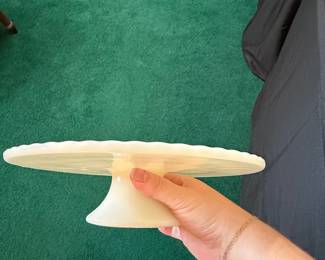 Vintage Anchor Hocking Fire-King Milk Glass Cake Stand with Gold Fleur-de-Lis Pattern