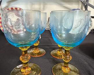 Set of 4 Portieux Vallerysthal 'George Sand' Blue and Amber Goblets