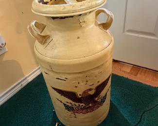 Vintage Painted Metal Milk Can with Eagle Motif