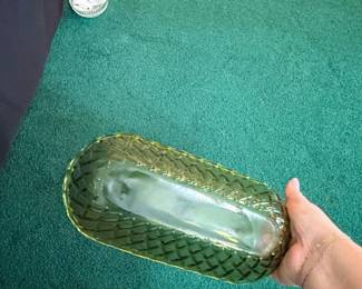 Vintage Indiana Glass Avocado Green Pretzel Pattern Celery Dish