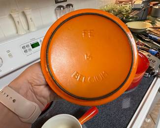 Vintage Descoware 7-A 14 Flame Orange Enamel Cast Iron Saucepan