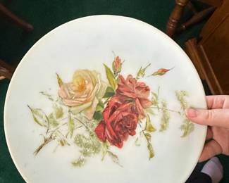 Vintage Floral Painted Milk Glass Plate