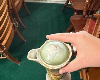 Antique Hand-Painted Porcelain Tankard Pitcher with Grape Motif