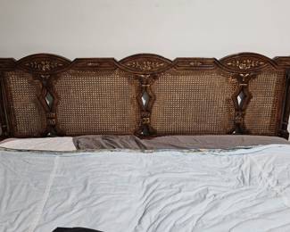 Caned & Carved Wood King Headboard and Bed