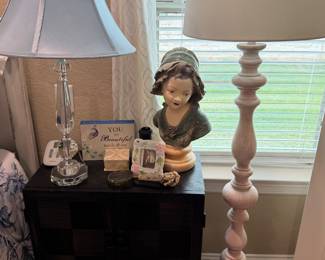 Vintage chalk bust, crystal lamp, wooden standing lamp