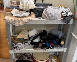 Porcelain doll, crochet, doilies, vintage hats, gloves, purses,