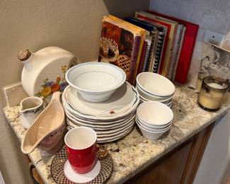 Vintage restaurant, dishes, vintage cookbooks