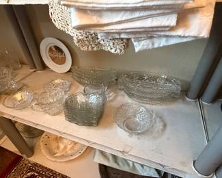 Vintage table linens, American glassware