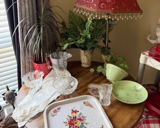Vintage serving Tray pottery and glassware