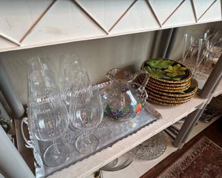 Hand blown wine, glasses, handpainted picture