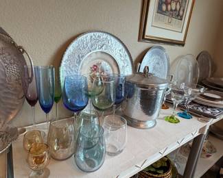 Crystal colored stemware, vintage ice bucket, hand blown margarita glasses
