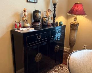 Antique lacquer console/chest, Chinese and Japanese figures, standing lamp