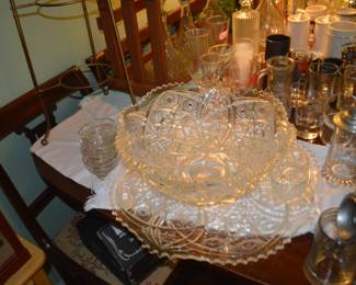 Ornate punch bowl with platter and 12 glasses