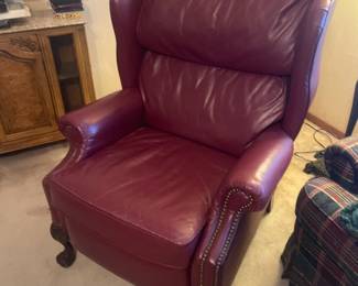 Leather wing chair recliner. 