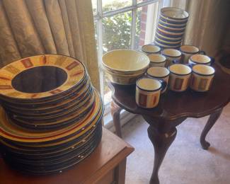 Dishes and solid wood furniture. 