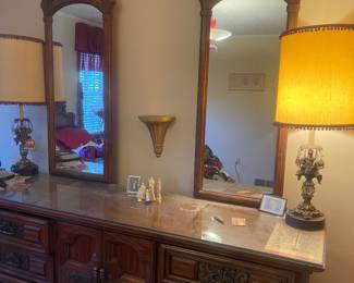 Heavy solid wood mid century bedroom suite with queen size bed and mattresses. 