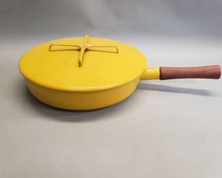 372  Lot 91  Vintage Dansk yellow enameled saute pan with lid