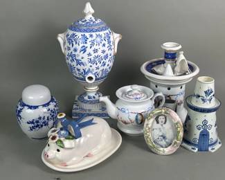 785  Lot 599  Group of porcelain vases, candleholder, teapot,