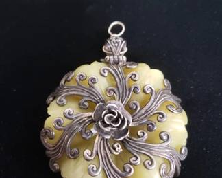 140  Lot 32  Vintage sterling silver and jadite floral pendant