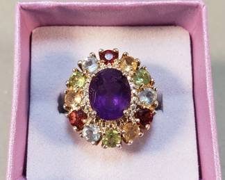 871  Lot 230  Vintage sterling  multigemstone cluster ring