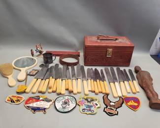 800  Lot 322  Box of miscellaneous, flatware, patches carved