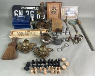 794  Lot 316  Box of misc bronze ornaments, liscence plate s