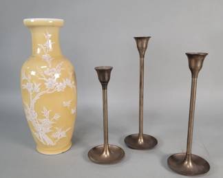 859  Lot 582  Asian porcelain vase, three brass candlesticks