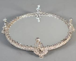 897  Lot 601  Vintage metal and mirror perfume tray featuring a