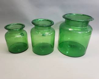 371  Lot 90  Three vintage green glass jars