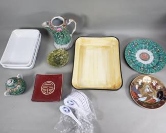827  Lot 420  Group of porcelain and ceramic plates, teapot,