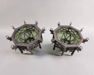 527  Lot 87  Pair of Gothic iron and glass lanterns