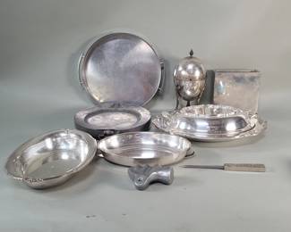 755  Lot 338  Group of silver plate bowls steel square vase.