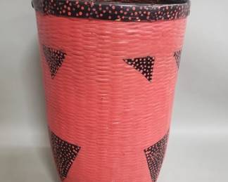 450  Lot 414  Vintage woven bamboo basket painted in coral red