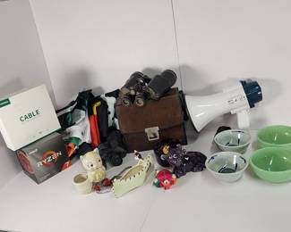 775  Lot 403h  Binoculars, various vintage items, flags,