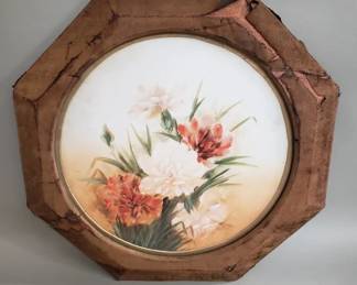 297  Lot 81  Antique hand painted floral glass plaque