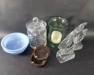 860  Lot 598  Group of glass figurines, bowl, canister and